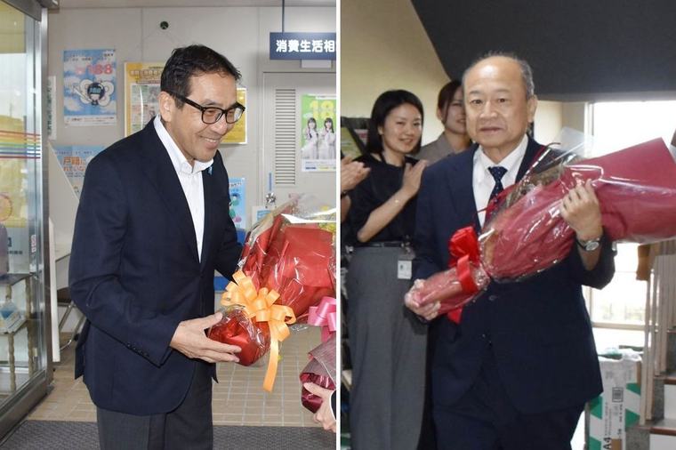 「町民には笑顔で」聖籠町の手嶋満新町長が初登庁、西脇道夫さん2期8年終える「基本忘れず職務を」
